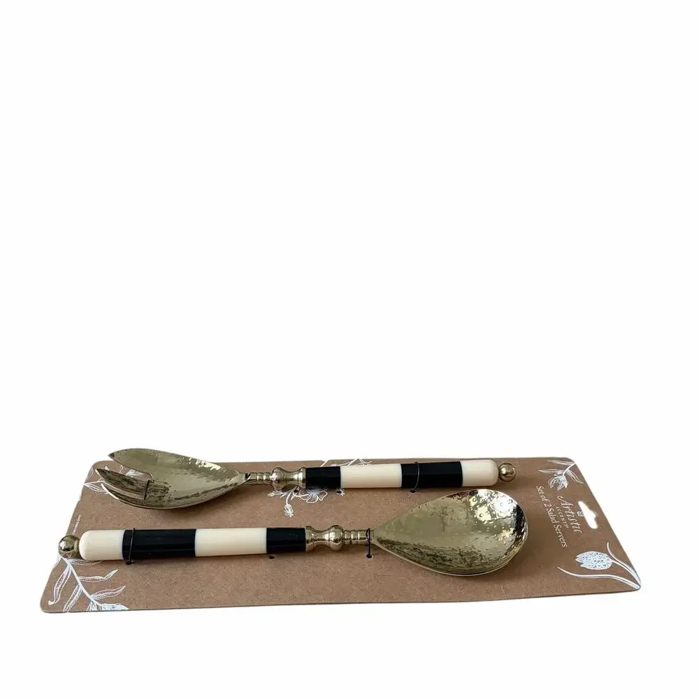 Artistic Accents Set of 2 Salad Servers Black & White Striped Gold Glam New